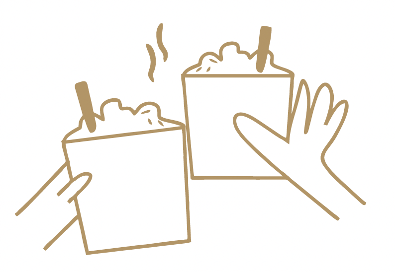 Ilustración minimalista de dos manos sosteniendo recipientes con vapor